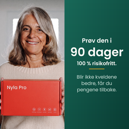 Kvinne holder esken med Nyla Pro. Prøv den i 90 dager. 100 % risikofritt. Blir ikke kveldene bedre, får du pengene tilbake.