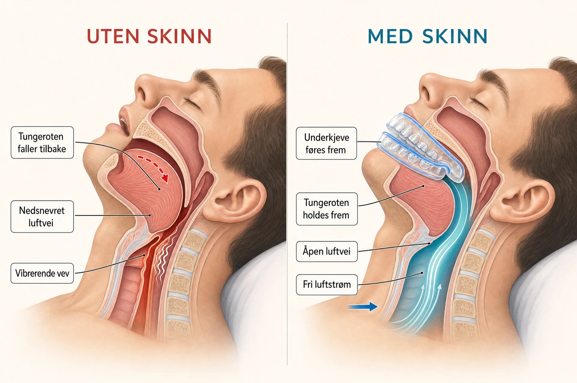 Sammenligning av luftveien uten og med skinn: uten skinn faller tungeroten tilbake og luftveien snevres inn, med skinn føres underkjeven fram, tungeroten holdes frem og luftveien holdes åpen